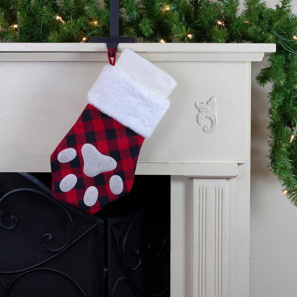 15.5 in. Red and Black Buffalo Plaid Polyester Pet Embroidered Christmas Stocking - Hercitys
