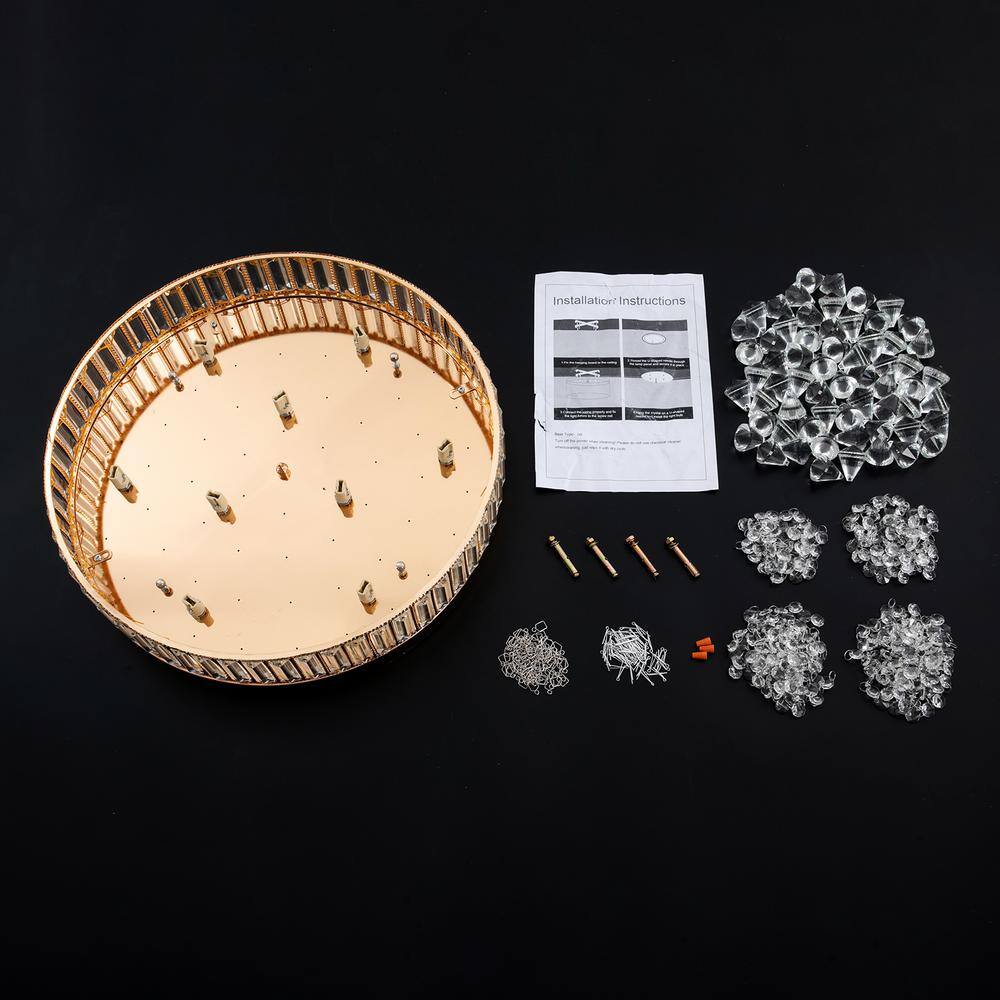 19.68 in. 9-Light Gold Modern Round Flush Mount Ceiling Light with Clear Crystal Shade and No Bulbs Included - Hercitys