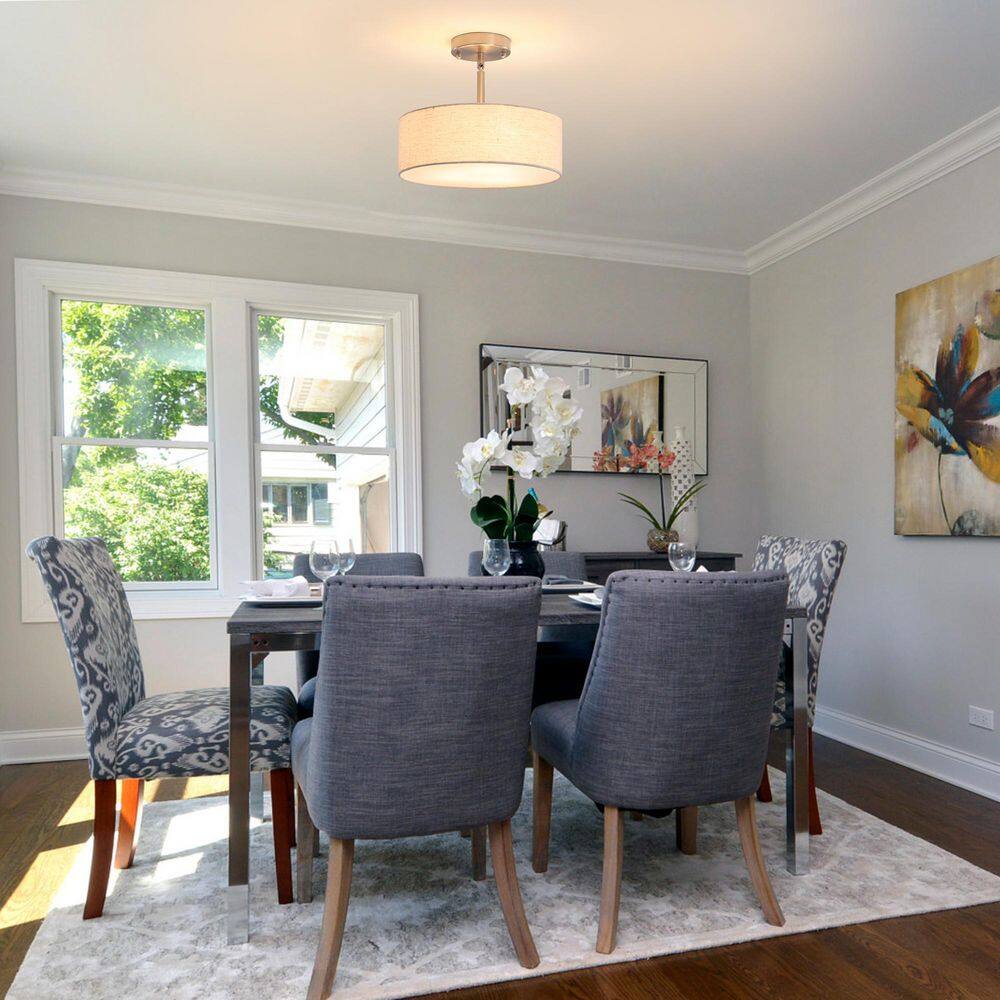 12.6 in. 3-Light Nickel Farmhouse Drum Semi-Flush Mount Light with Linen Cover - Hercitys