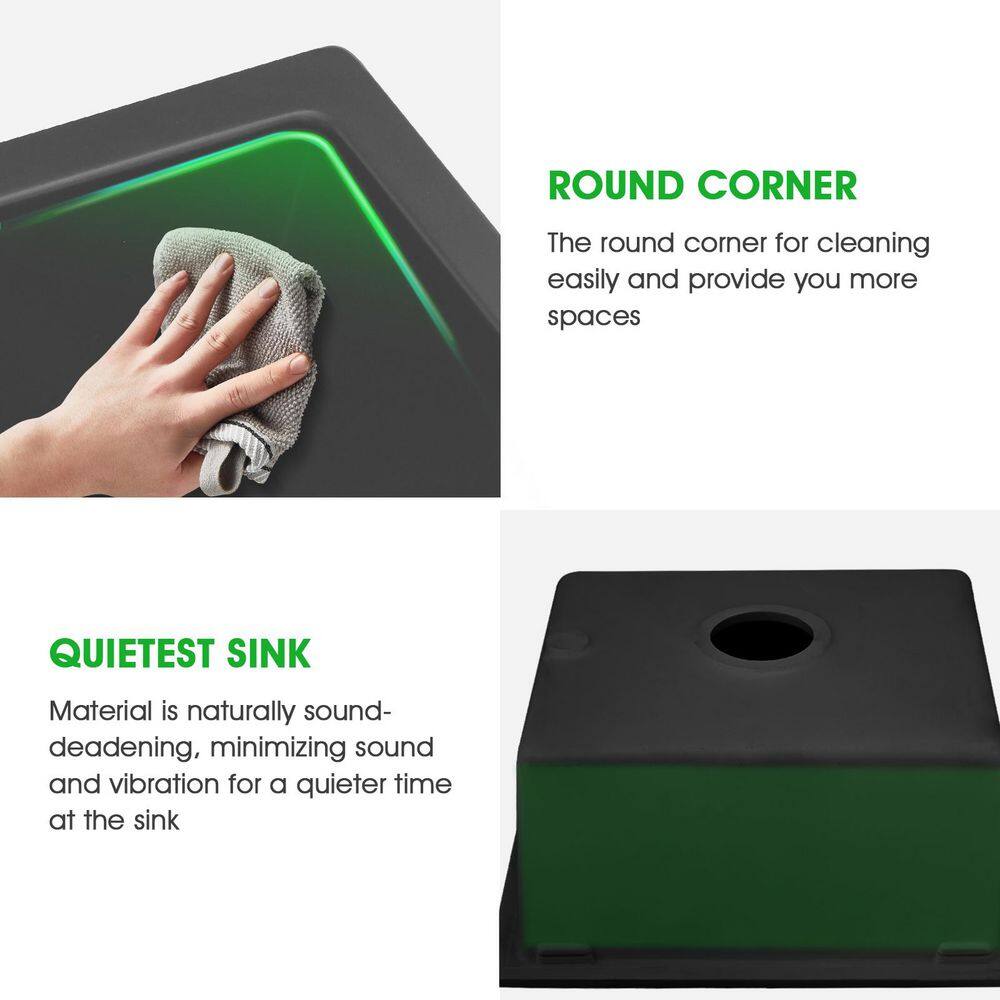 18 in. Undermount Single Bowl Matte Black Quartz Kitchen Sink with Basket Strainer - Hercitys