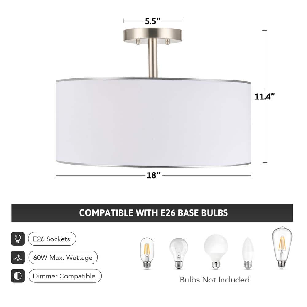 18 in. 3-Light Brushed Nickel Semi-Flush Mount with White Fabric Drum Shade - Hercitys