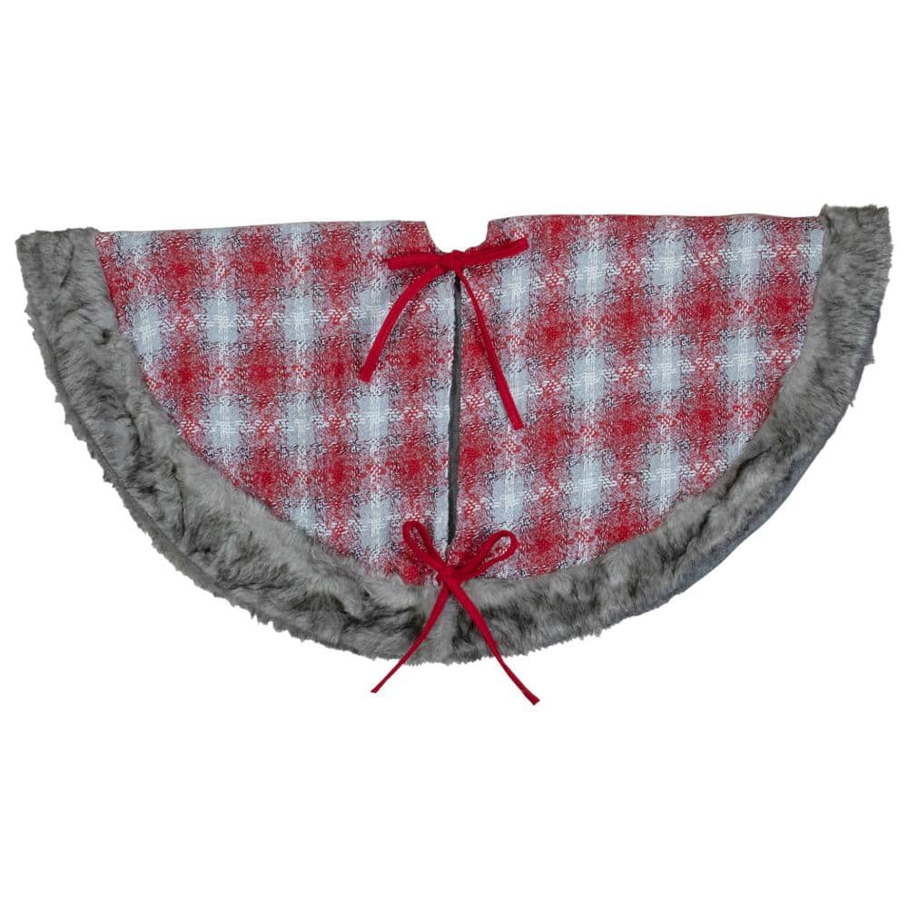 48 in. Red and White Plaid Christmas Tree Skirt with Snowflake - Hercitys