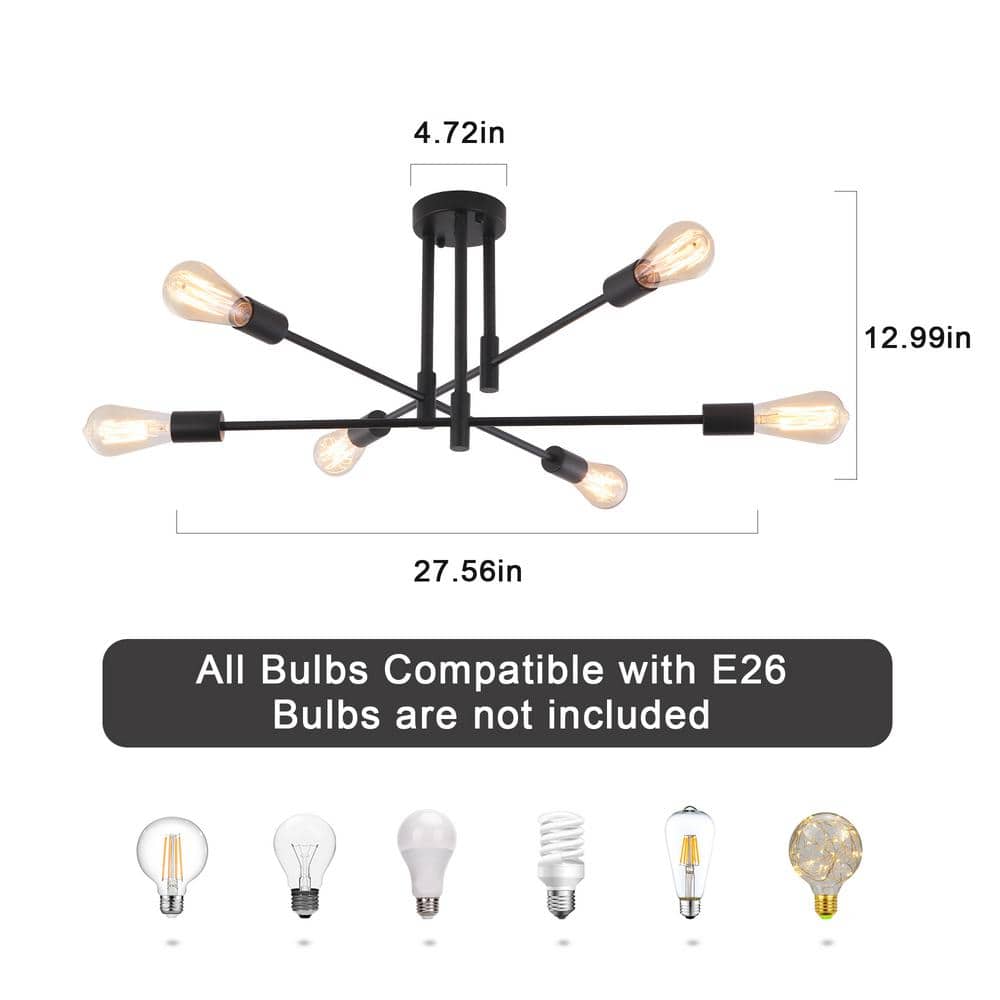 27.56 in. 6-Light Black Sputnik Semi- Flush Mount Ceiling Lights with 360°Rotatable Light Arm - Hercitys