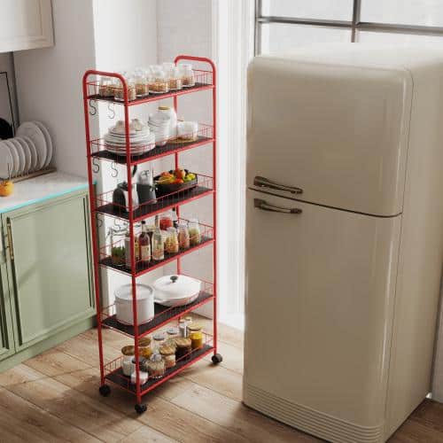 10 in. W 6-Shelf Red Metal Kitchen Car with Wheels - Hercitys