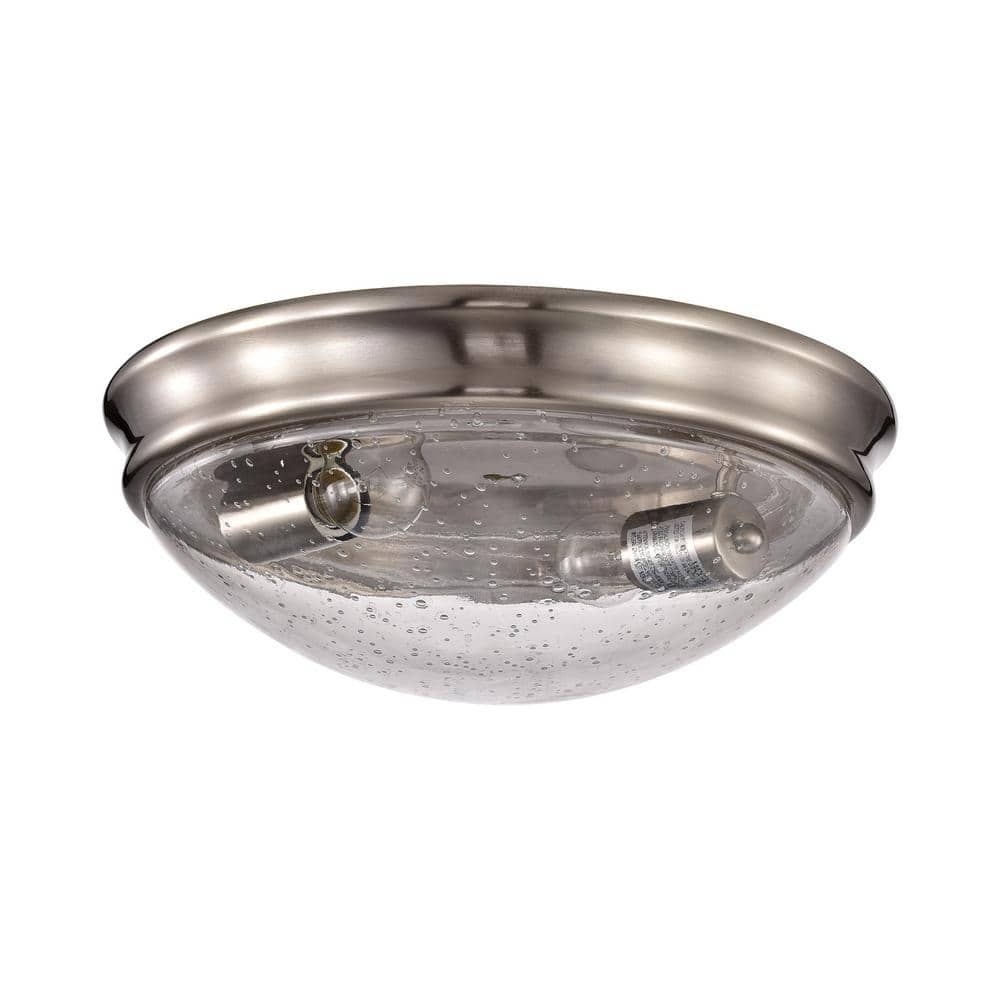 13 in. 2-Light Brushed Nickel Modern Flush Mount with Seeded Glass Shade - Hercitys