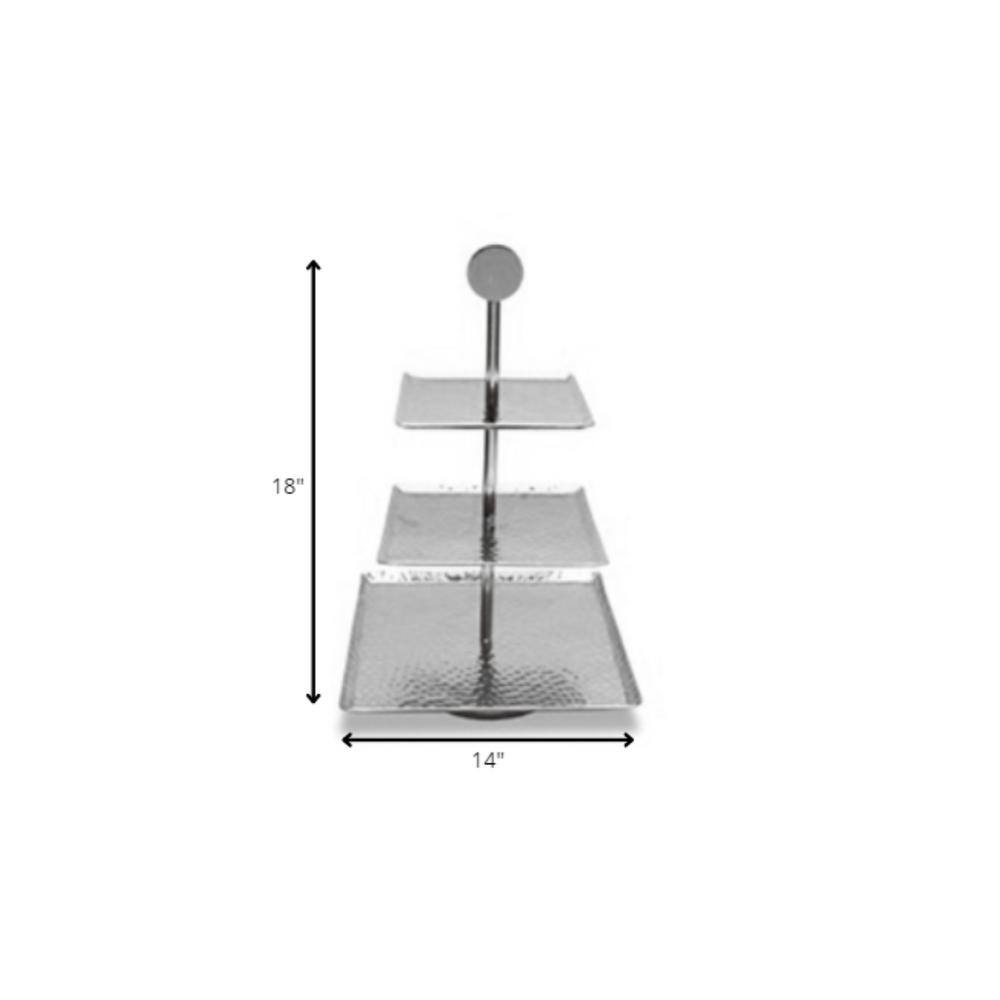 14 in. Silver Square Stainless Steel Hammered Three Tier Tray - Hercitys