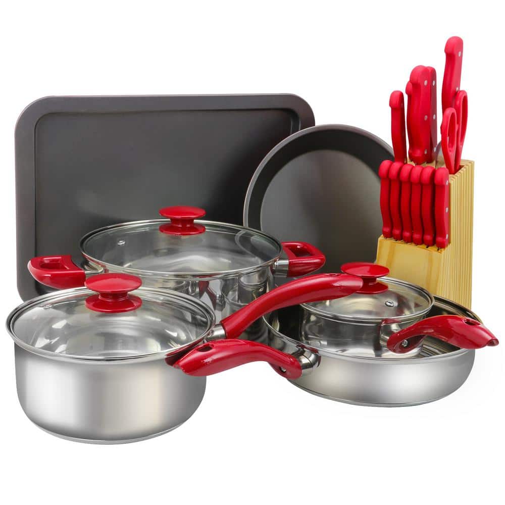 22-Piece Cookware Combo Set in Red - Hercitys