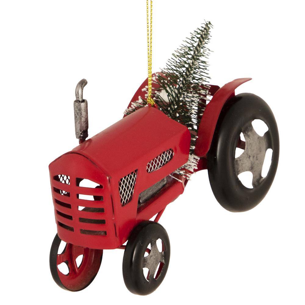 5 in. Red Iron Tractor with a Frosted Christmas Tree Ornament - Hercitys