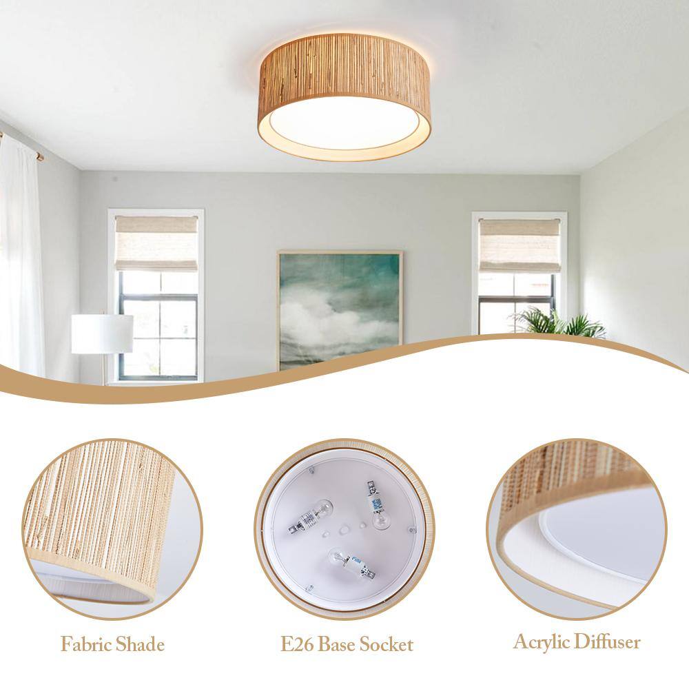 15.7 in. 3-Light Flush Mount with Fabric Shade and No Bulbs Included - Hercitys