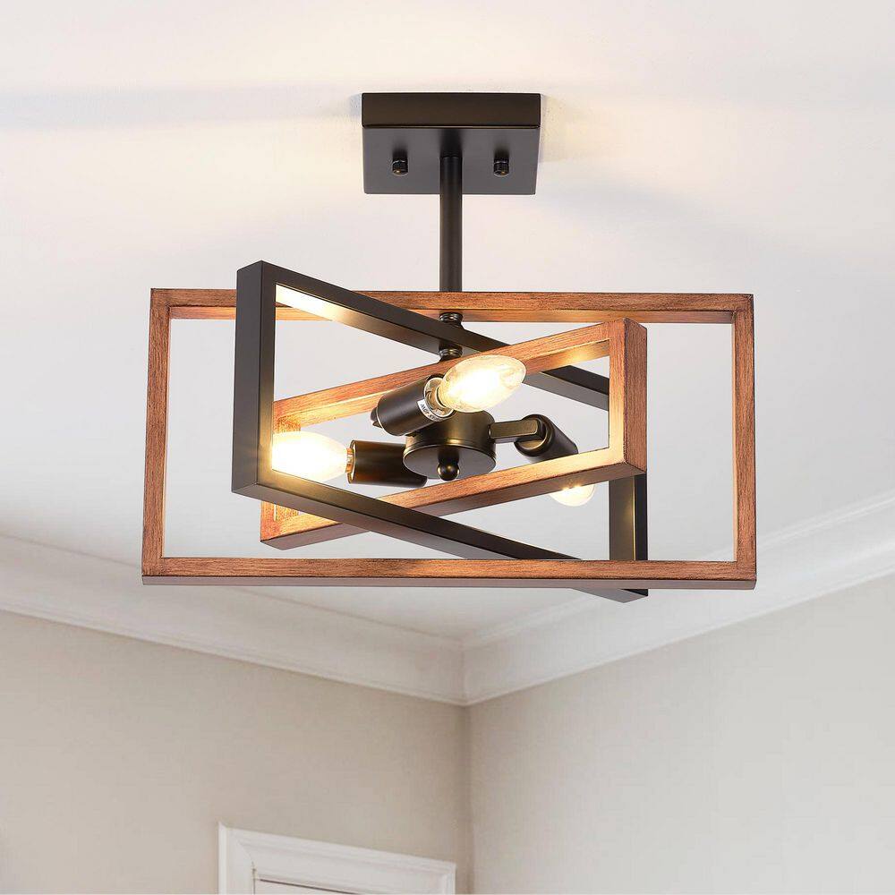 15.8 in.  3-Light Black and Imitation Wood Grain Farmhouse Rectangle Semi Flush Mount Ceiling Light Bulb Not Included - Hercitys