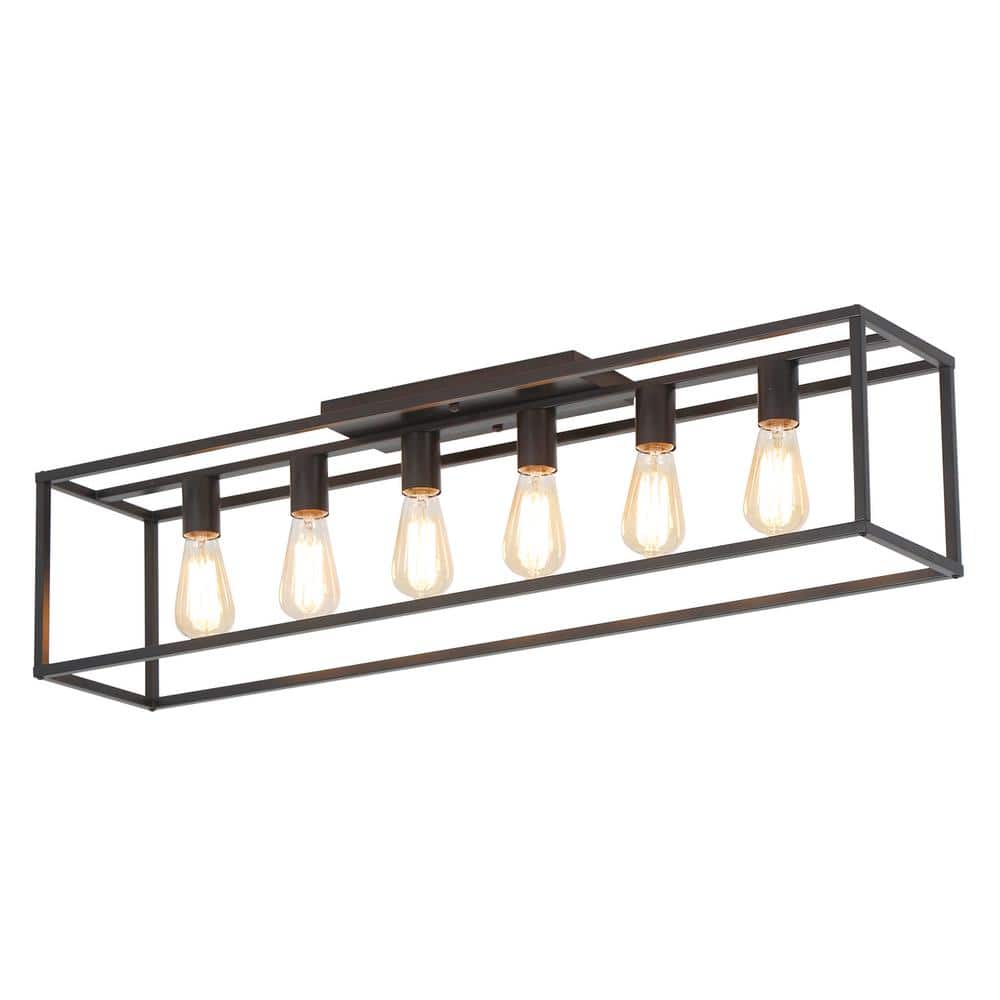 38 in. 6-Light Farmhouse Cage Metal Black Flush Mount with No Bulbs Included Ceiling Light - Hercitys