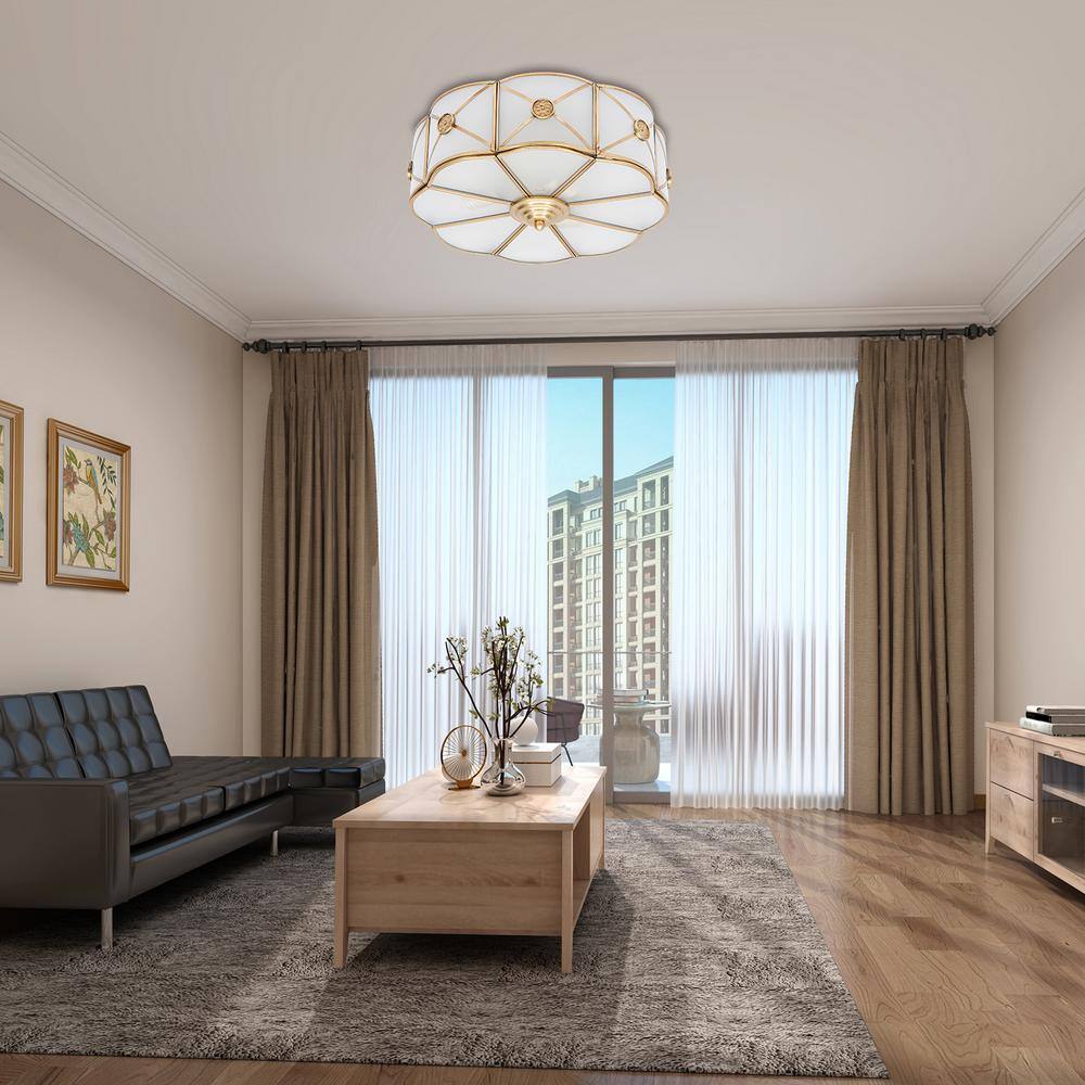 13.78 in. 3-Light Gold Modern Flower Shaped Flush Mount Ceiling Light with White Glass Shade and No Bulbs Included - Hercitys