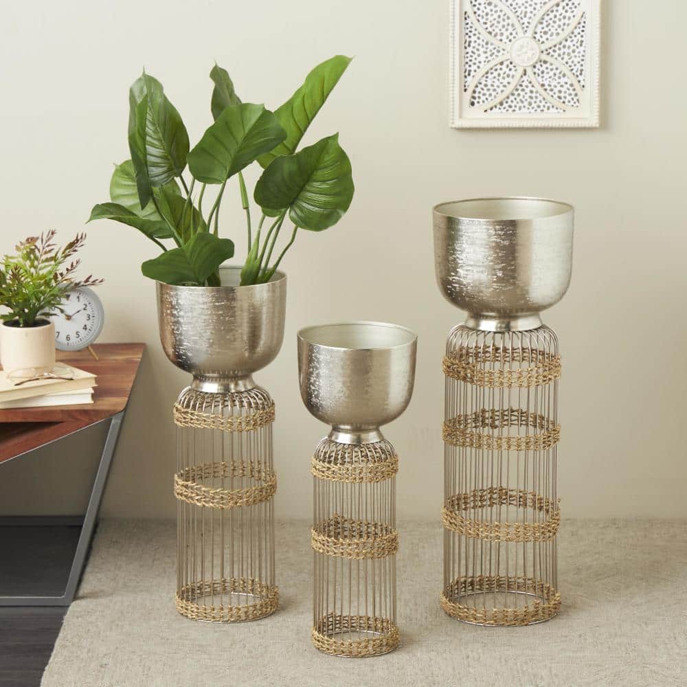 32 in., 27 in. and 24 in. Extra Large Silver Metal Textured Dome Planter with Seagrass and Caged Pedestal Base (3- Pack) - Hercitys