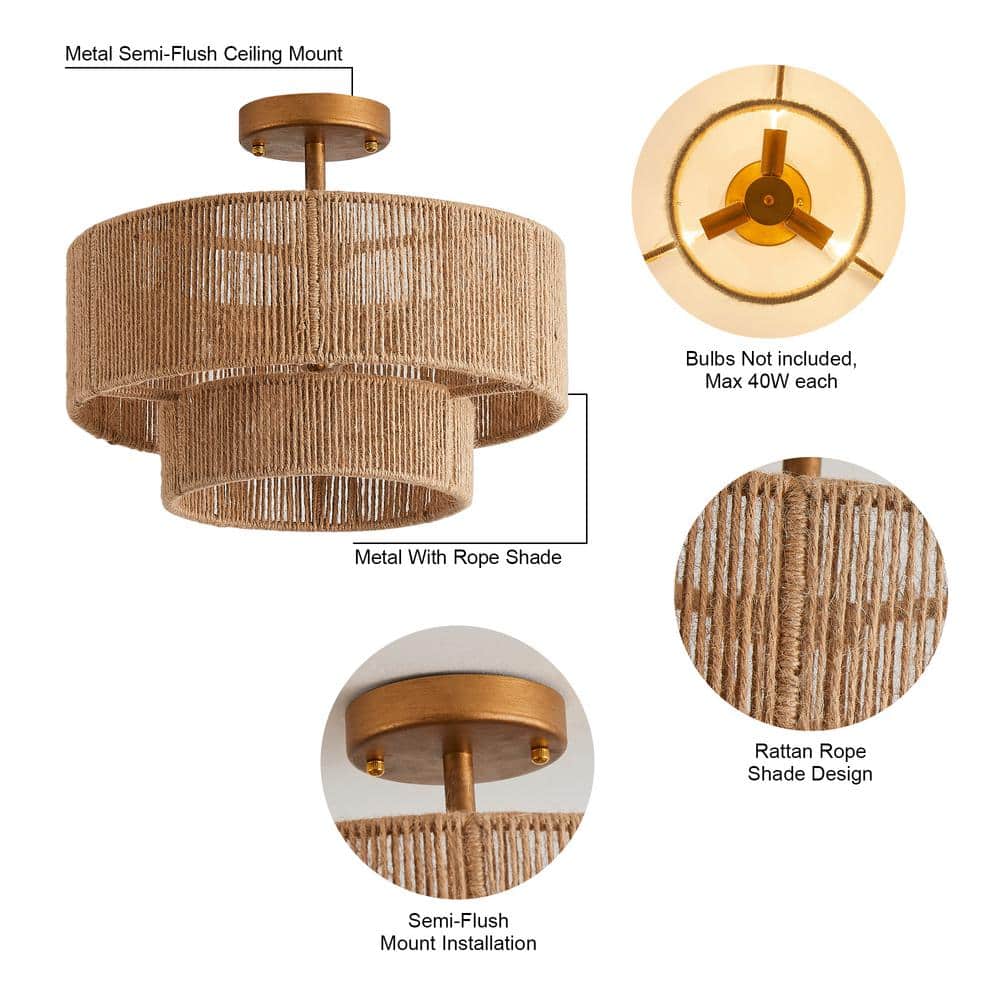 15.4 in. 3-Light Bohemian Antique Gold Two-Tier Drum Semi- Flush Mount with Natural Jute Rope Shade - Hercitys