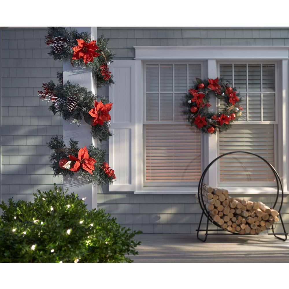 30 in. Red Poinsettia, Berries, Silver and Red Ball and Twig Pine Artificial Wreath - Hercitys