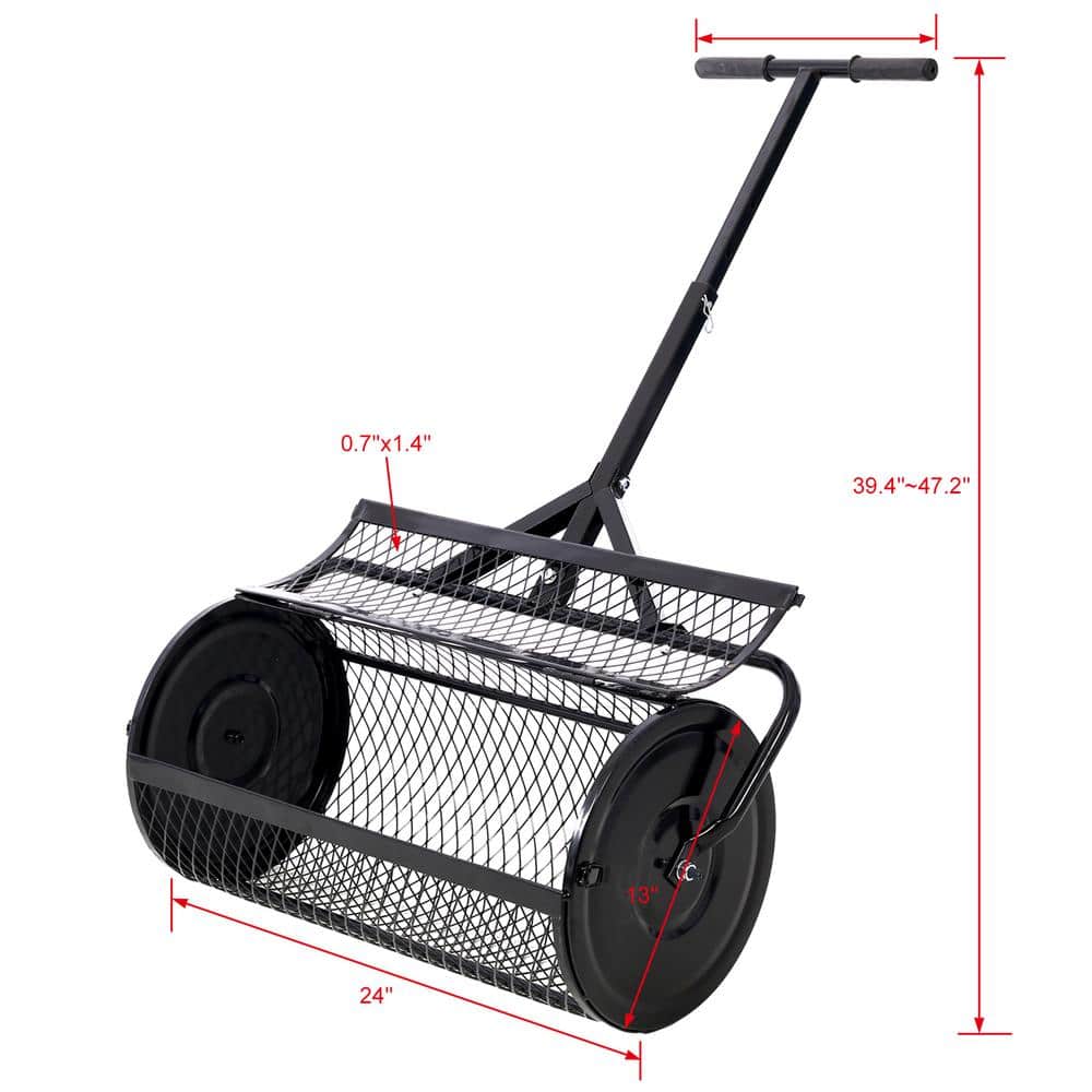 24 in. 60 lbs. Peat Moss Spreader, Compost Spreader Metal Mesh, T-Shaped Handle, Garden Care Manure Spreaders Roller - Hercitys