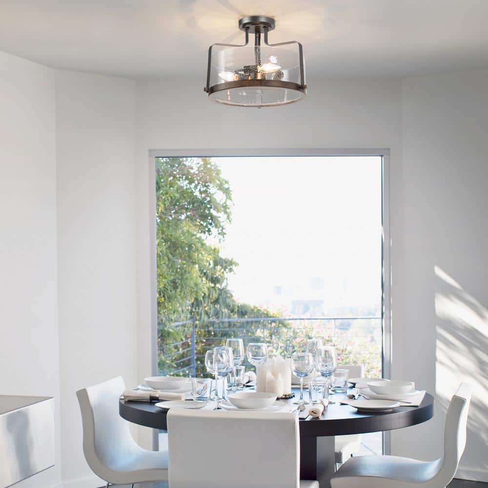 14 in. 3-Light Black Semi-Flush Mount Ceiling Light with Seeded Glass Shade - Hercitys