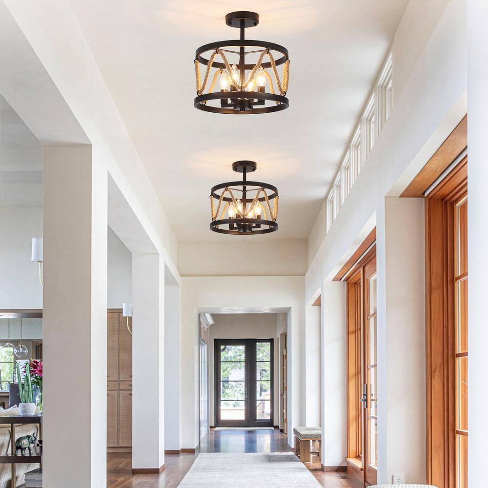 13 in. 4-Light Hemp Rope Black Semi- Flush Mount with No Bulbs Included - Hercitys