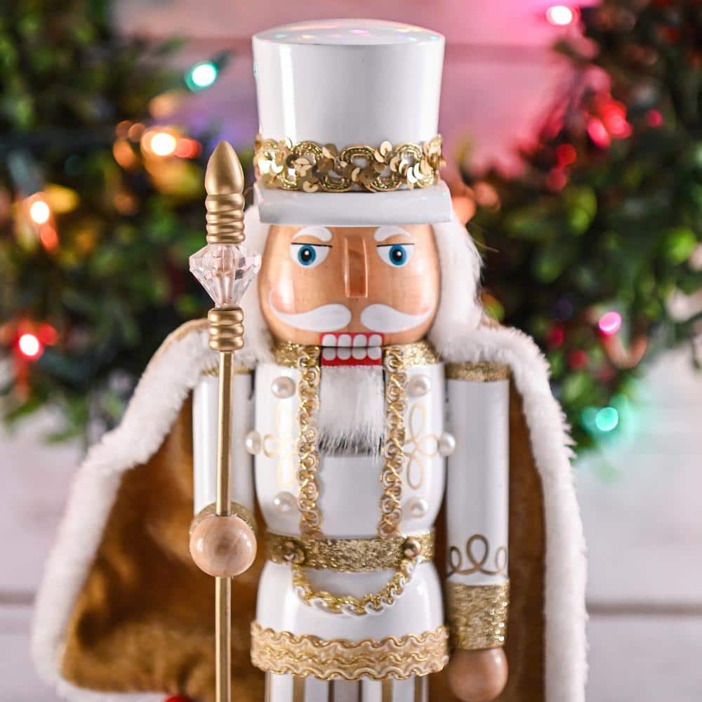 14 in. Wooden Christmas Gold King Nutcracker-Gold and White Glittered Nutcracker with Gold and White Fur Cape and Staff - Hercitys