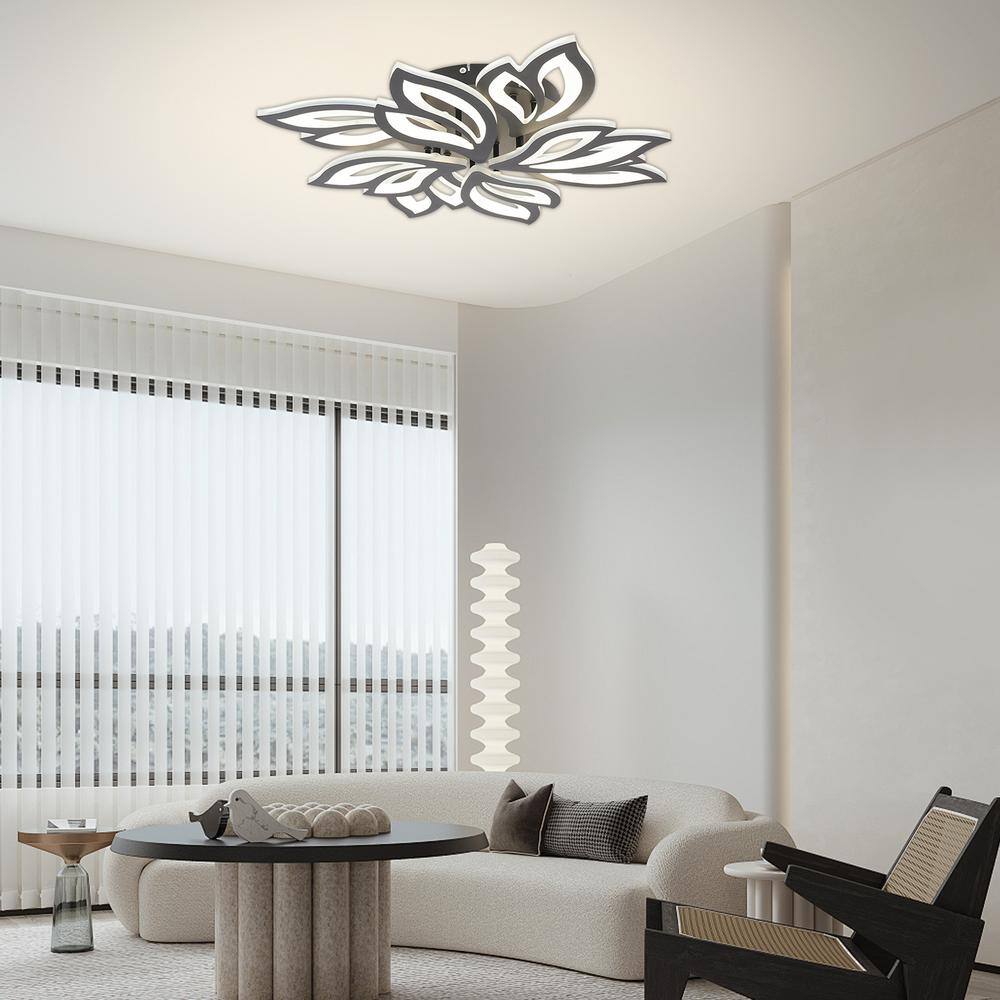 27.5 in. 1-Light Black and White Modern Selectable LED Flower-Shaped 8 Head Semi-Flush Mount Ceiling Light with Remote - Hercitys