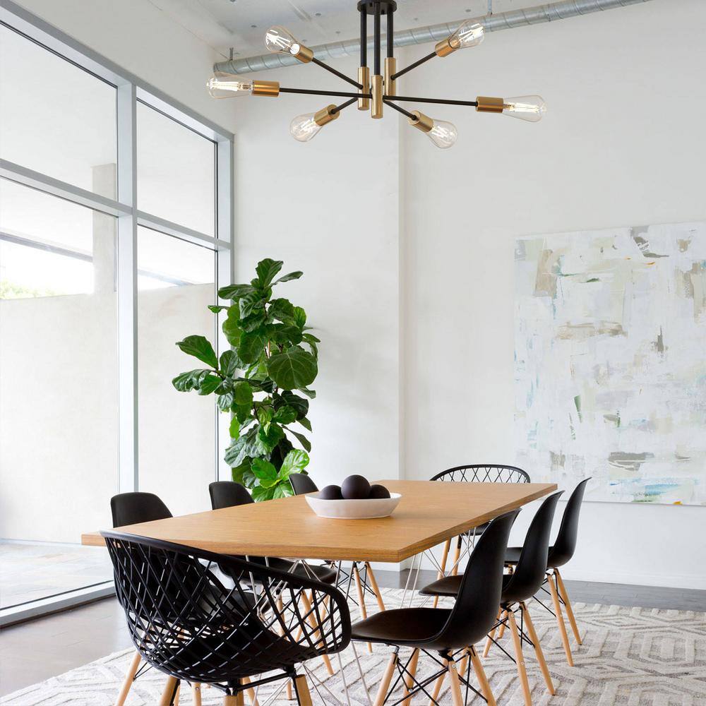 32.7 in. 6-Light Black Unique Modern Sputnik Semi-Flush Mount with Aged Brass Socket Cups - Hercitys