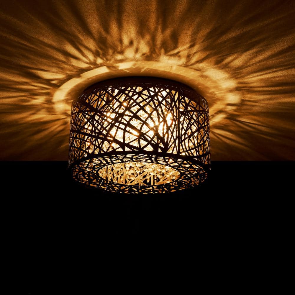 16 in. 7-Light Black Drum Flush Mount Crystal Chandelier with Nest Shaped Shade - Hercitys