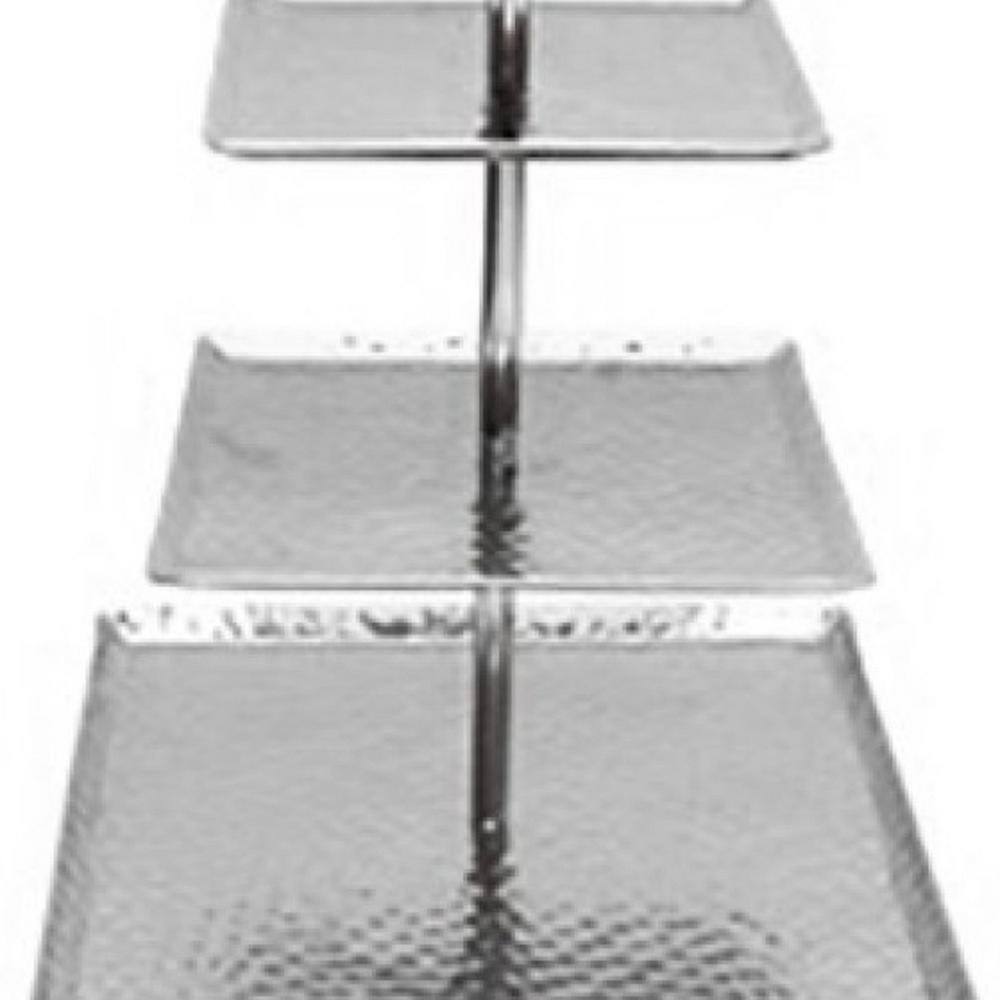 14 in. Silver Square Stainless Steel Hammered Three Tier Tray - Hercitys