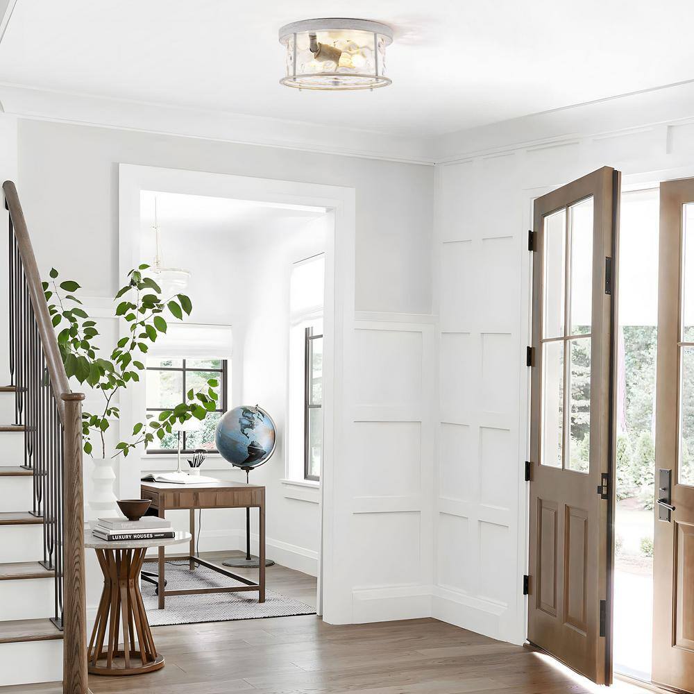 12.5 in. 2-Light White Gold Flush Mount Water Ripple Glass Ceiling Light with Metal Frame - Hercitys