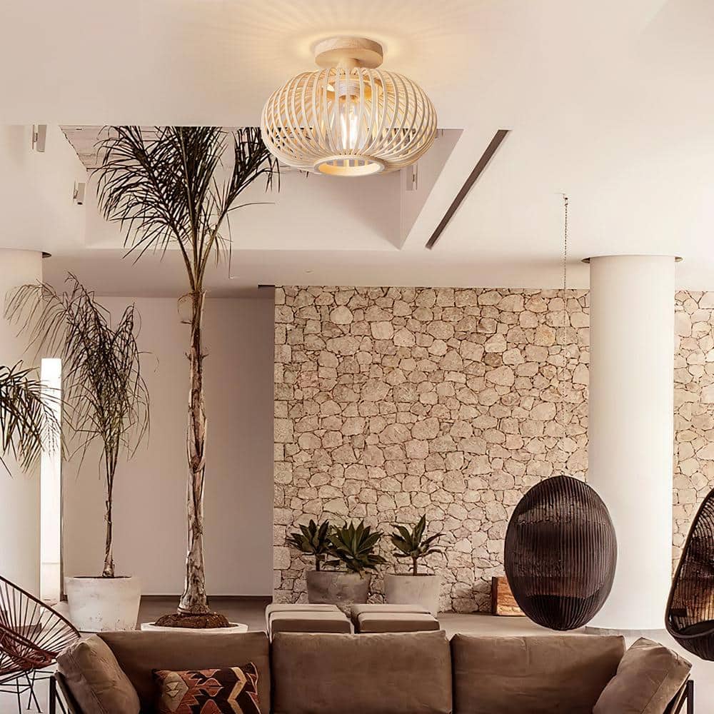 12.4 in. 1-Light Bohemian Recessed Mount with Bamboo Crafted Shade, Bulb Not Included, 1 Piece - Hercitys