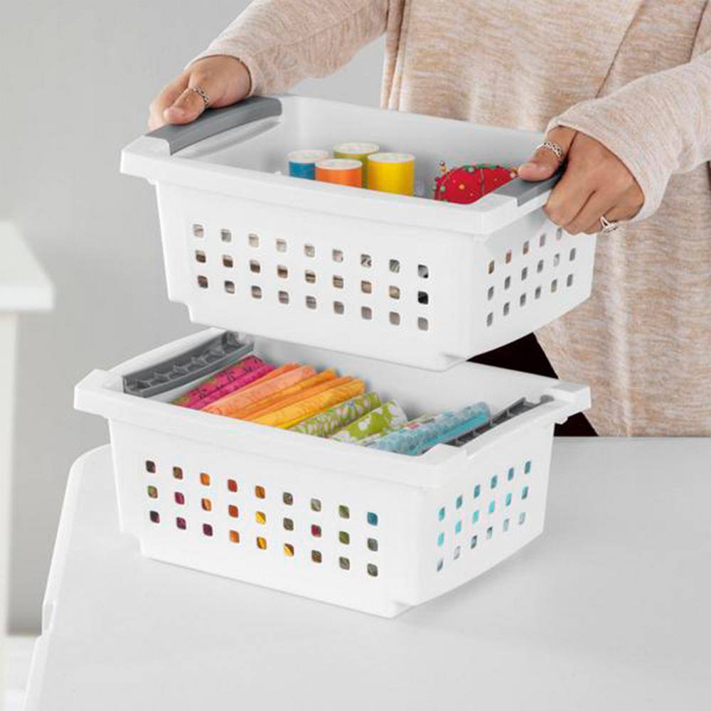 5.38 in. D x 8.63 in. W x 12.5 in. H White Small Stacking Basket with Titanium Accents (8-Pack) - Hercitys