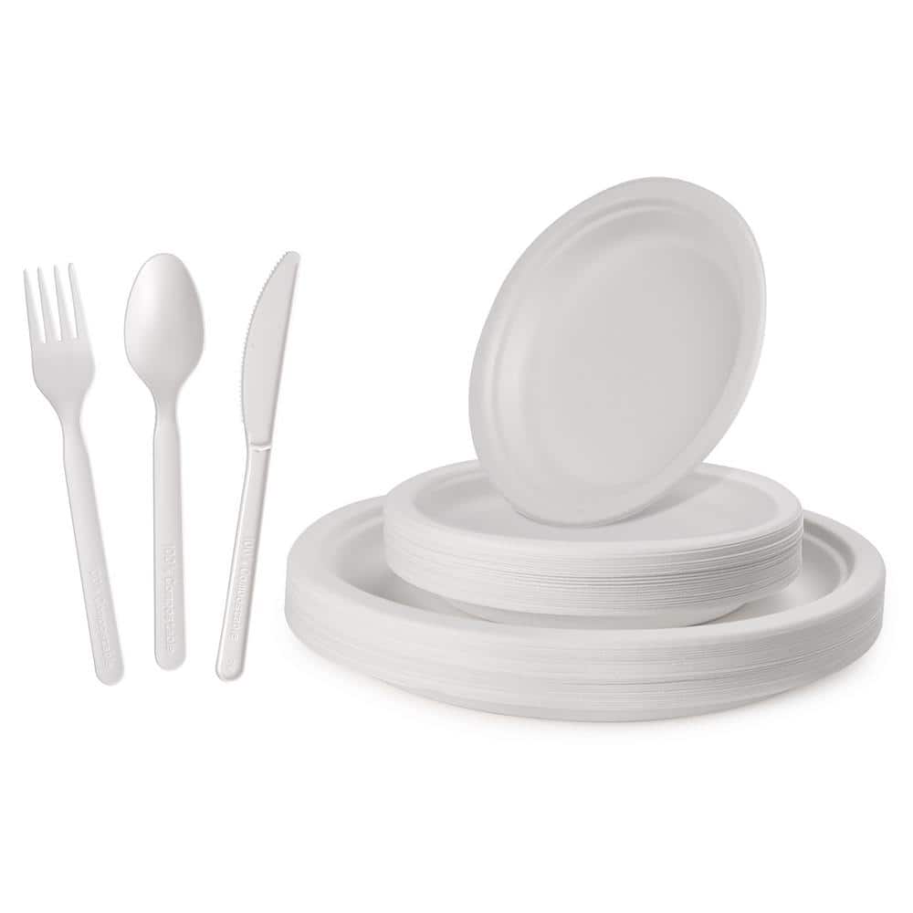 10/7 in. White Compostable Disposable Paper Plate Set Plus Cutlery [25 Guest Service] - Hercitys