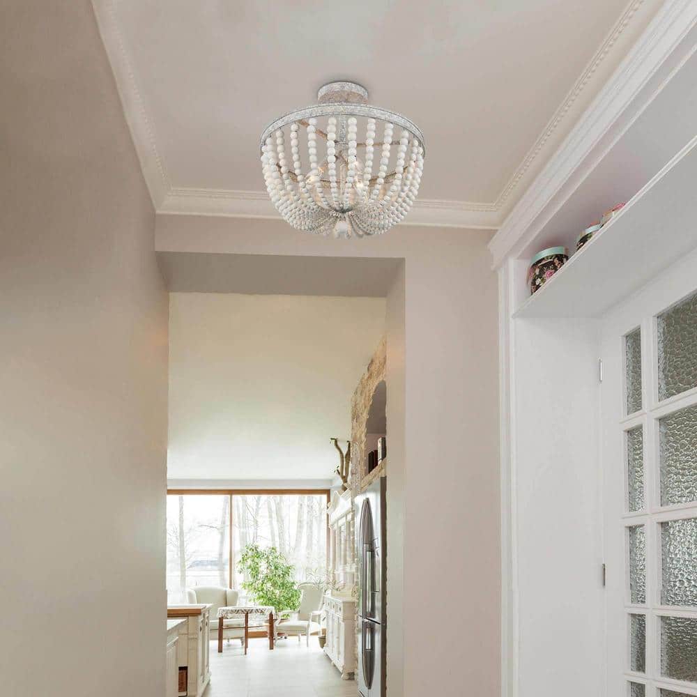 16 in. Modern Farmhouse Antique White Wood Beaded Semi-Flush Mount, 3-Light Bohemian Round Basket Ceiling Lighting - Hercitys