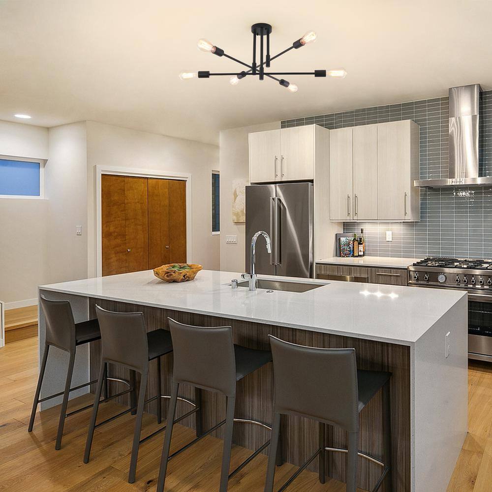 27.56 in. 6-Light Black Sputnik Semi- Flush Mount Ceiling Lights with 360°Rotatable Light Arm - Hercitys