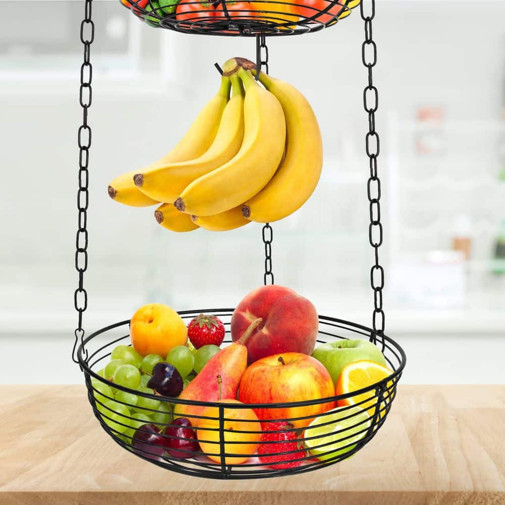 3-Tier 36 in. Wire Hanging Fruit Basket with Banana Hook and Installation Bracket for Kitchen - Hercitys