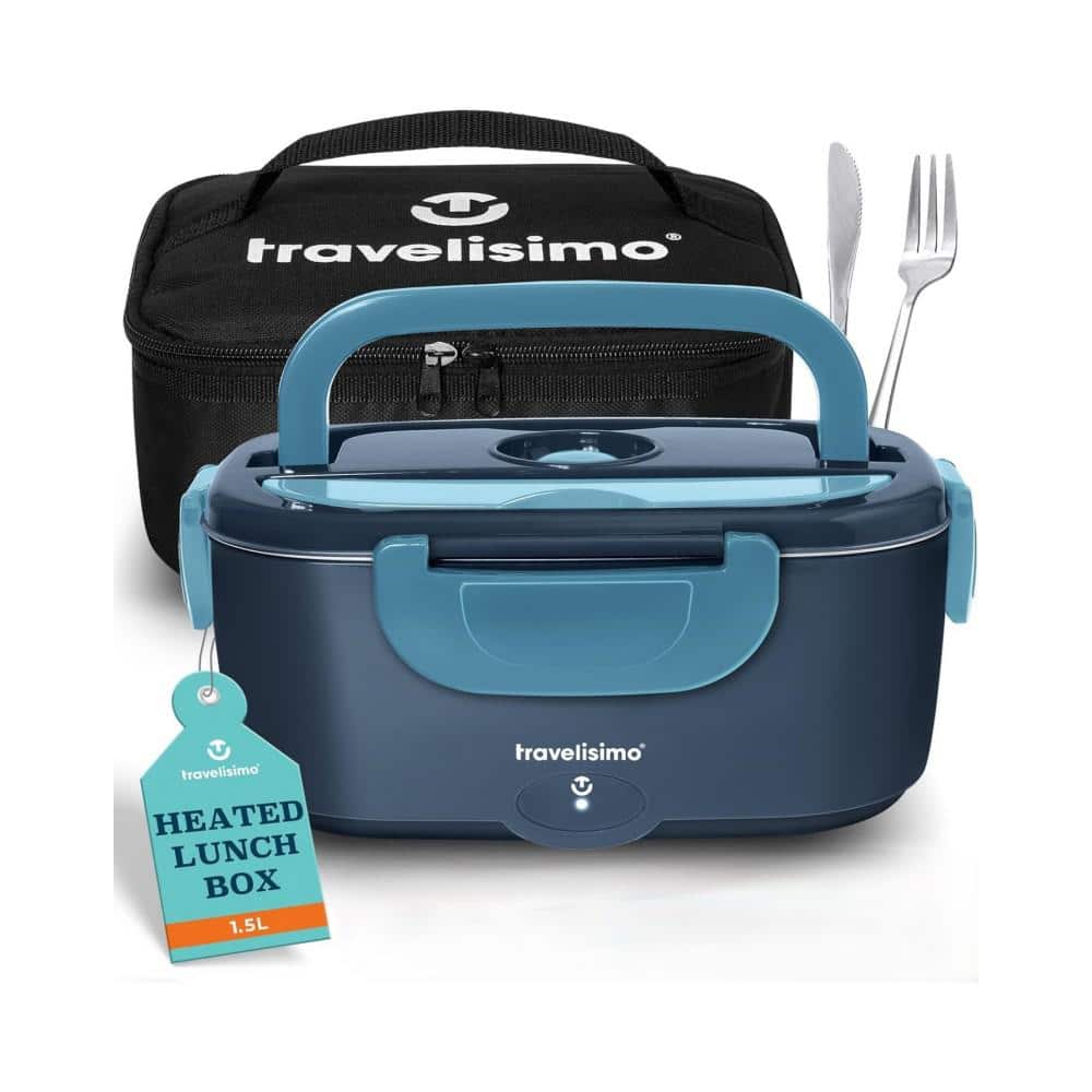 1. 5L Portable Stainless Steel Food Storage Container with Lids, 80W Electric Lunch Box 12/24/110V Self Heating in Blue - Hercitys