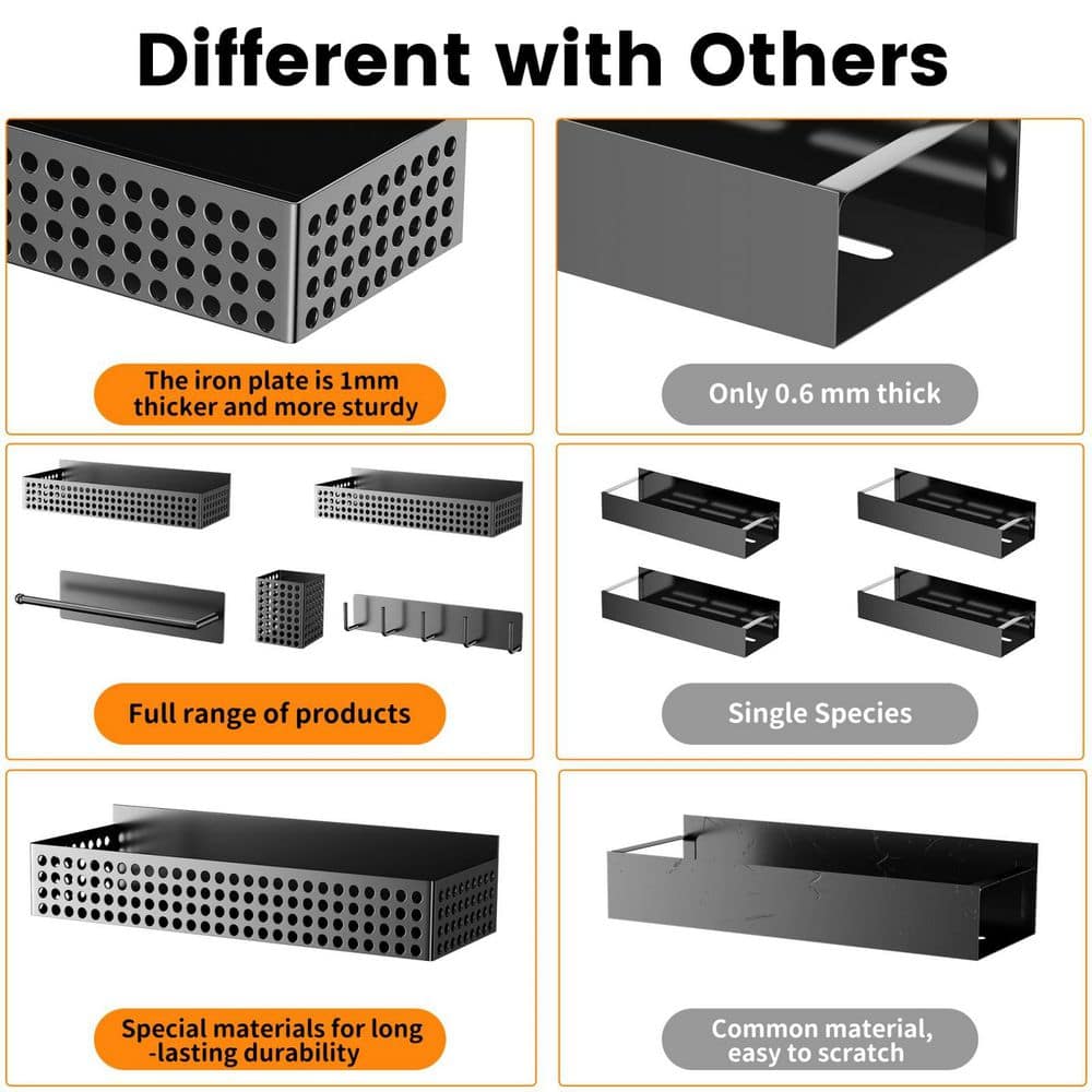 5-Piece Black Magnetic Spice Rack Set with Paper Towel Holder, Utensil Holder and Hook Rack - Hercitys