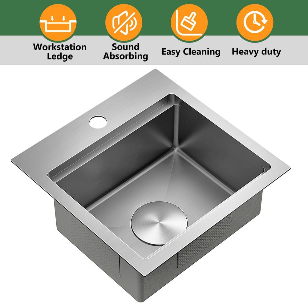 15 in. x 15 in. Undermount Stainless Steel Kitchen Sink with Foldable Tap in Silver - Hercitys