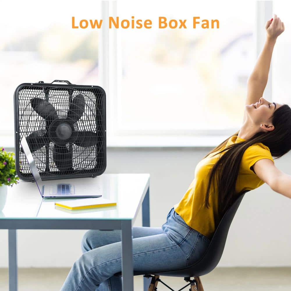 20 in. 3-Fan Speeds Box Fan in Black Finish Cooling Table Fan Aerodynamic Fan Blades with Carry Handle and Safety Grills - Hercitys