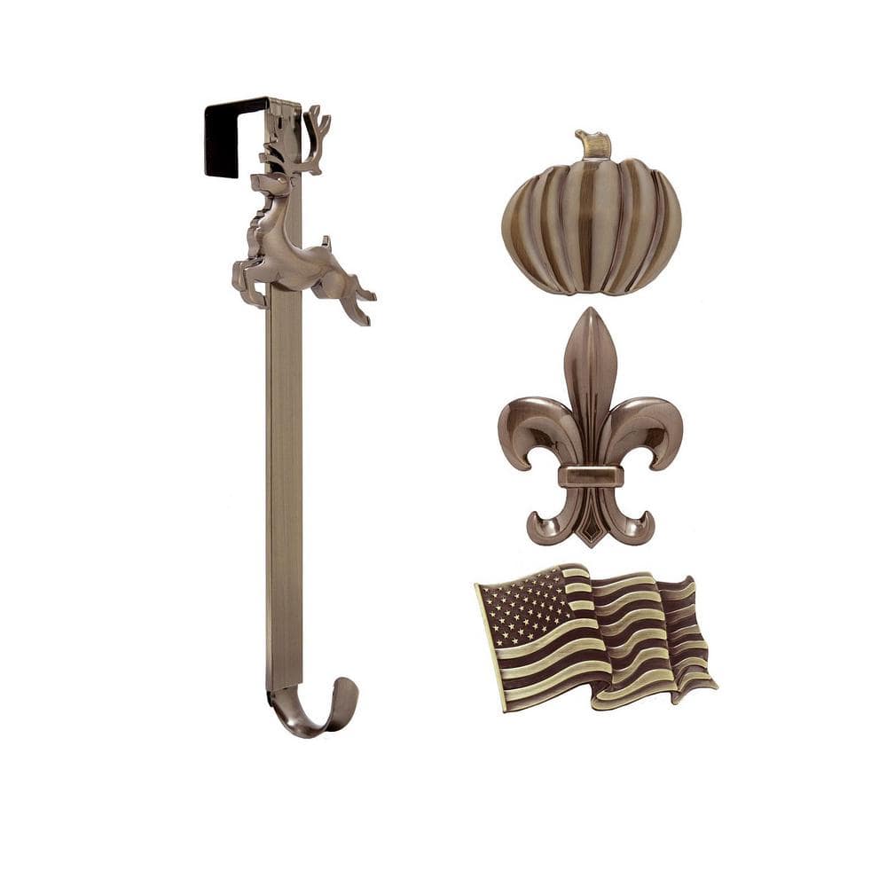 15.75 in. Artificial Oil-Rubbed Bronze Adjustable Wreath Hanger with Flag, Reindeer, Pumpkin, and Fleur De Lis Icons - Hercitys