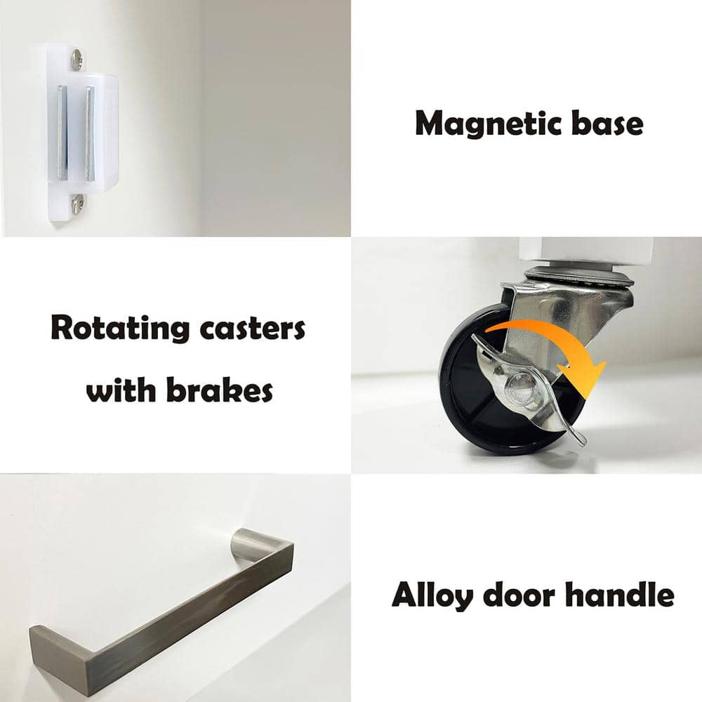 32.68 inch White Wood Kitchen Cart with Adjustable Shelves and Towel Rack Rubber Wood Table Top - Hercitys