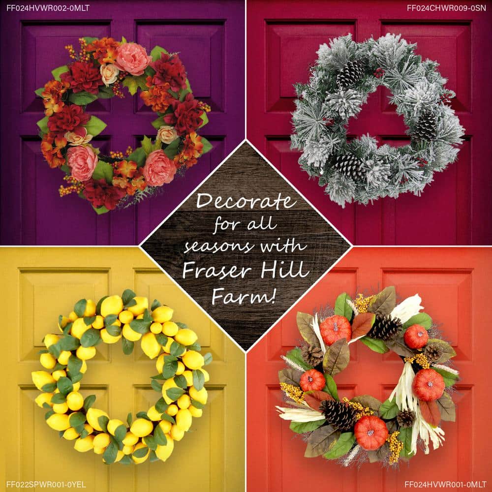24 in. Artificial Christmas Wreath with a Poinsettia Bloom, Bow, and Merry Christmas Wooden Sign - Hercitys