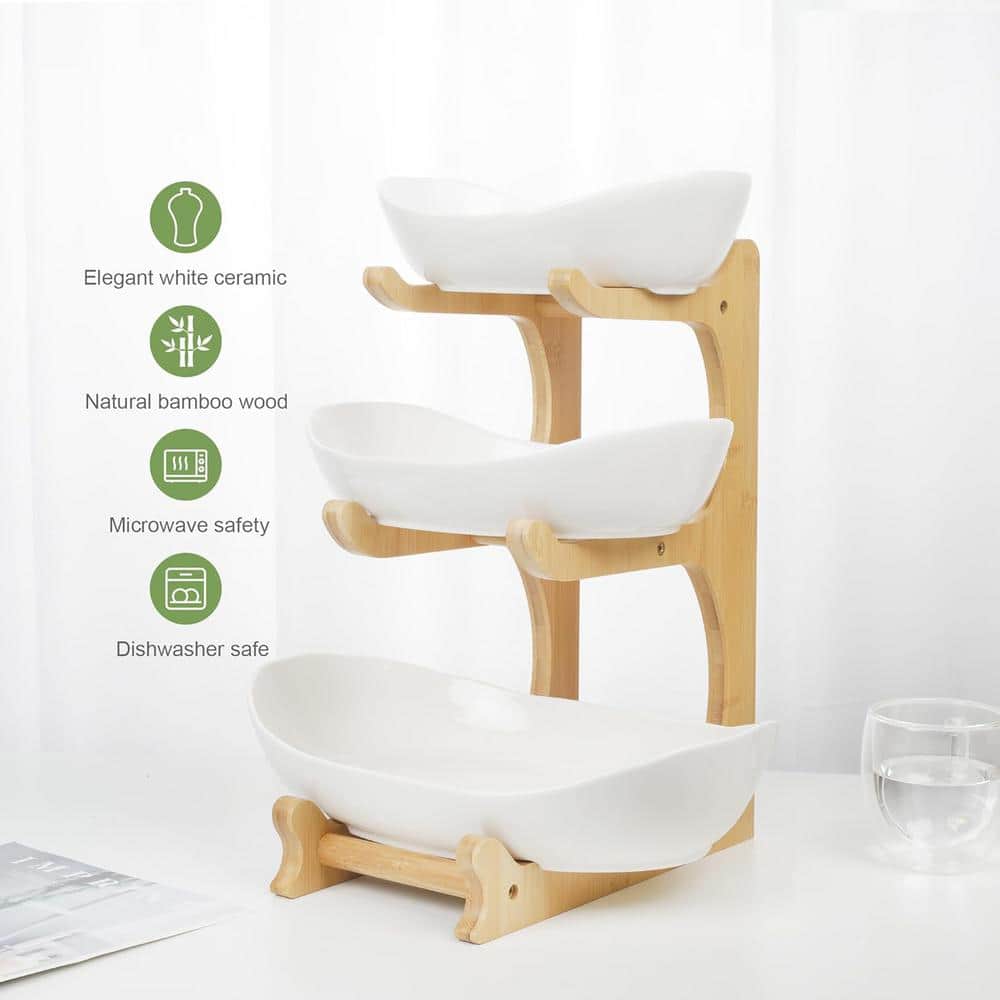 3-Tier Fruit Bowl Ceramic Countertop with Bamboo Stand in White - Hercitys