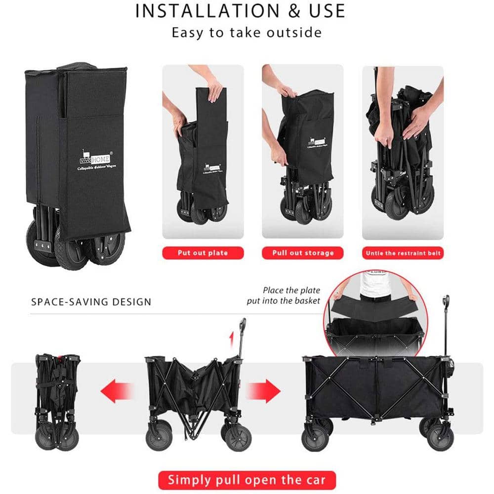 176 lbs. Capacity Collapsible Garden Cart in Black with 2 Drink Holders and Wheels - Hercitys