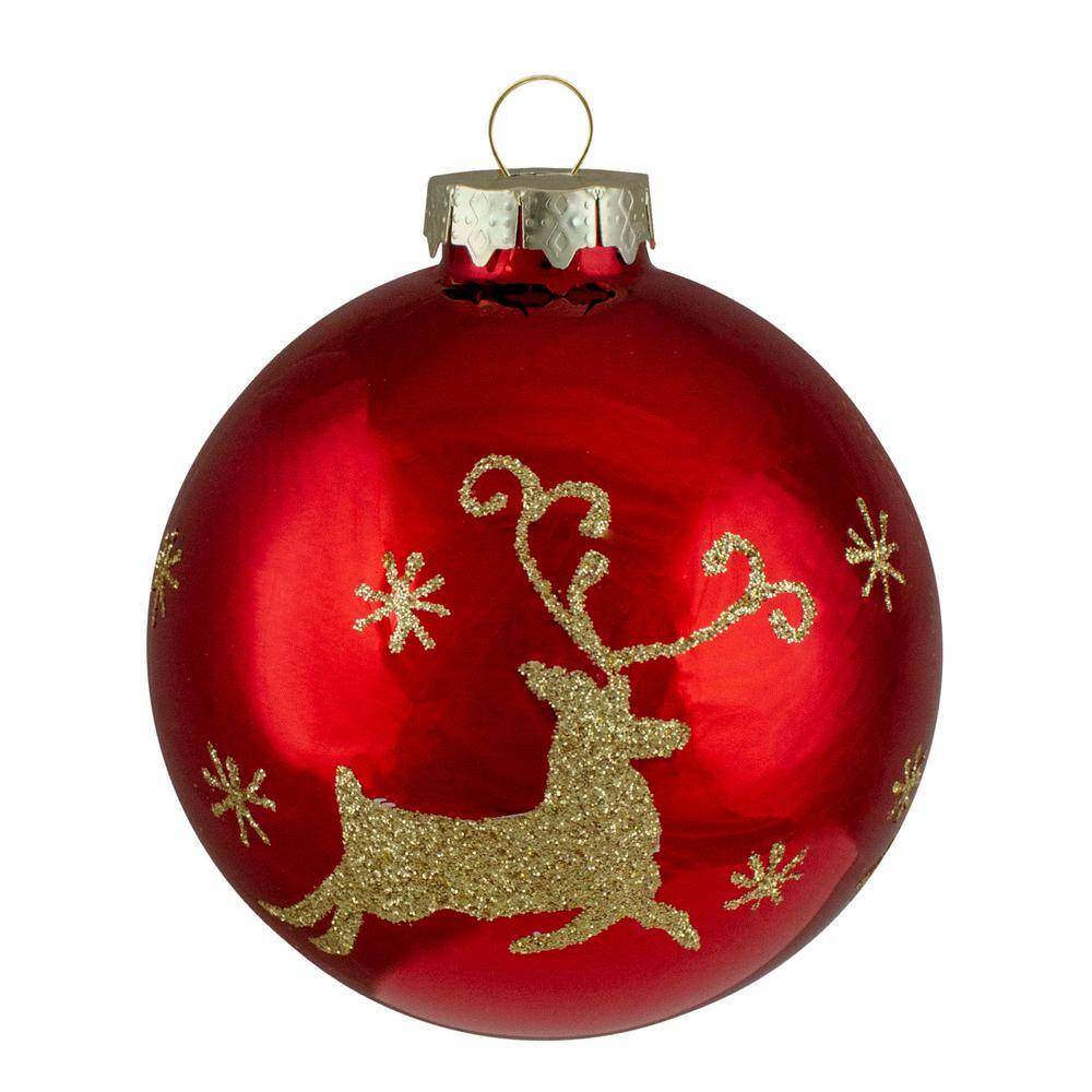 3.25 in. (80mm) Red and Gold Deer Glass Ball Christmas Ornaments Set of 4 - Hercitys