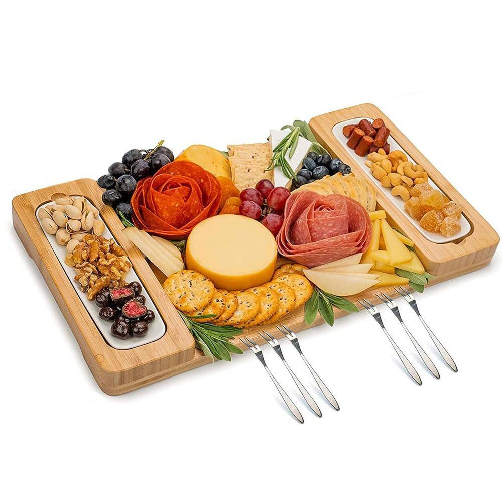 10 in. Natural Bamboo Charcuterie Cheese Board Set with Utensils and Rectangular Serving Plates Perfect for Any Occasion - Hercitys
