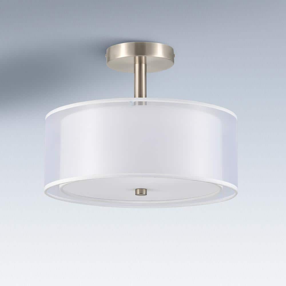 13 in. 3-Light White Semi-Flush Mount Ceiling Light Fixture Drum Light Fixture with 2-Layer Fabric Shade - Hercitys