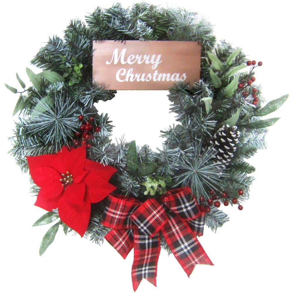 24 in. Artificial Christmas Wreath with a Poinsettia Bloom, Bow, and Merry Christmas Wooden Sign - Hercitys