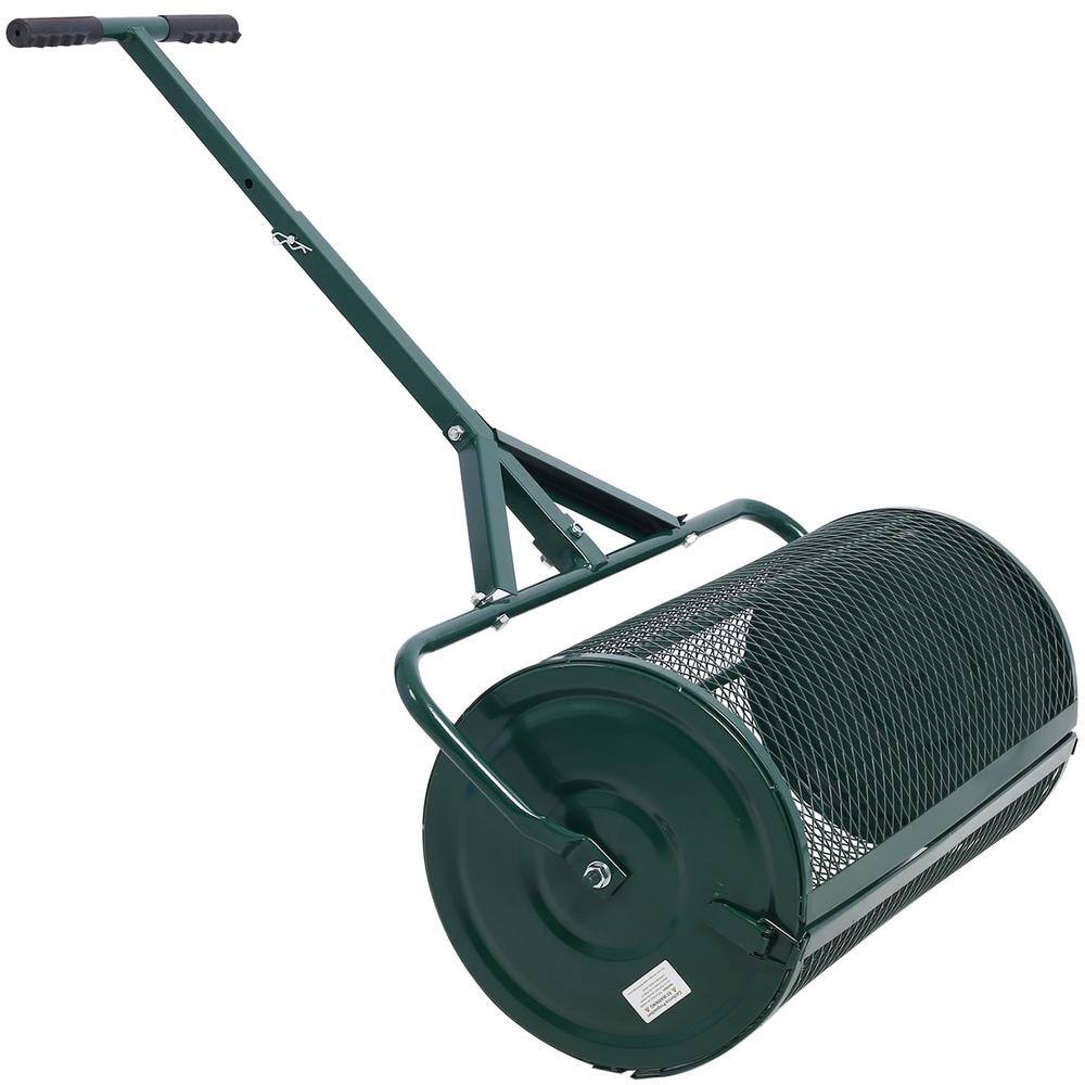 24 in. Metal Mesh Peat Moss Spreader Roller with T Shaped Handle for Planting, Seeding, Lawn and Garden Care, Green - Hercitys