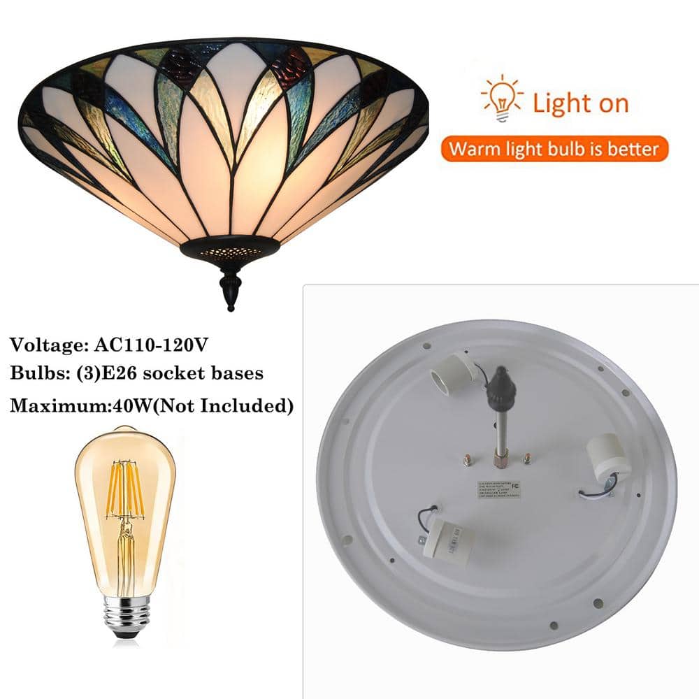 18 in. 3-Light Retro Elegant Stained Glass Flush Mount Ceiling Light - Hercitys