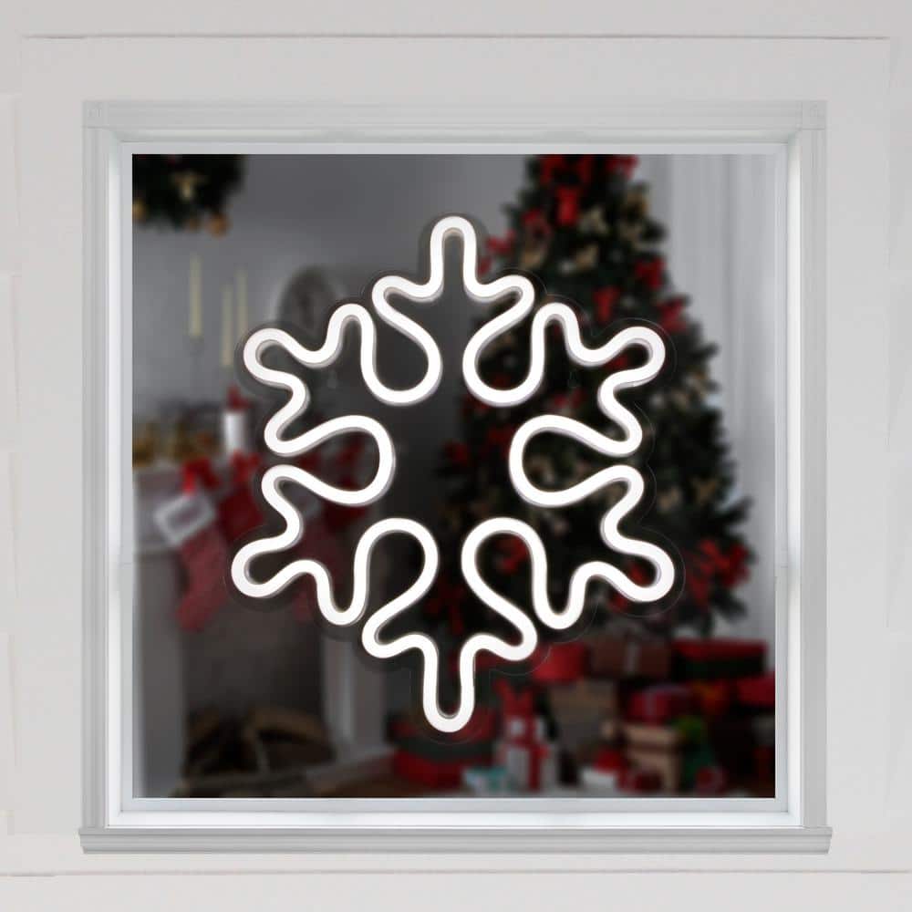 15 in. White LED Lighted Neon Style Snowflake Christmas Window Silhouette - Hercitys